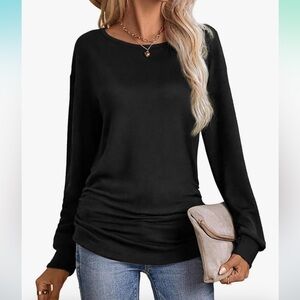 Long Sleeve Shirts Round Neck Side Ruched Loose Casual Tops Basic Tee new 🆕